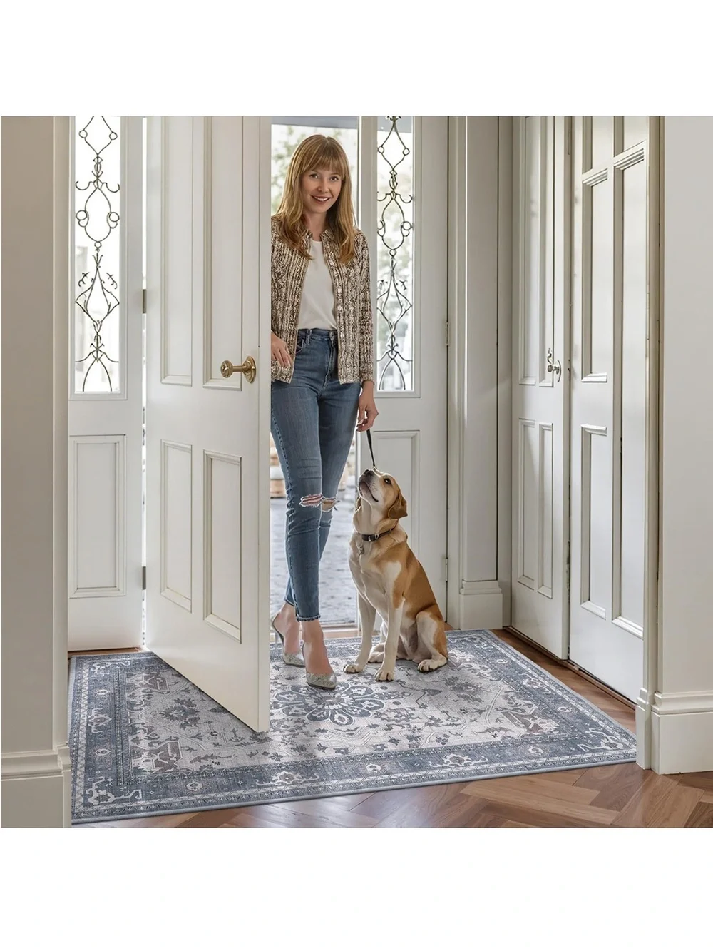 Lumi Blue Floral Medallion Patio/Mud Room Area Rug - Home Accents (washable)